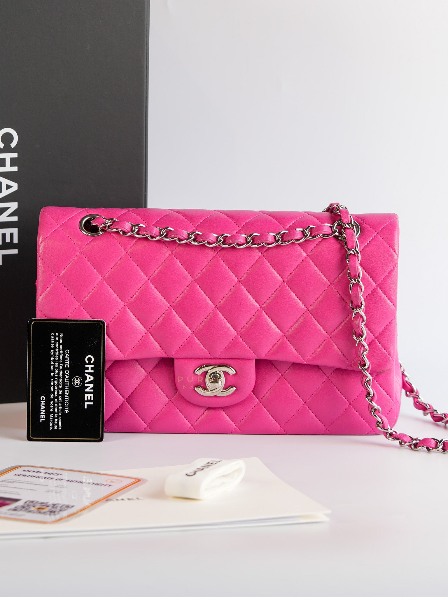 Classic Double Flap Medium in Hot Pink Lambskin Leather Silver Hardware Series 19 | Purse Maison Luxury Bags Shop
