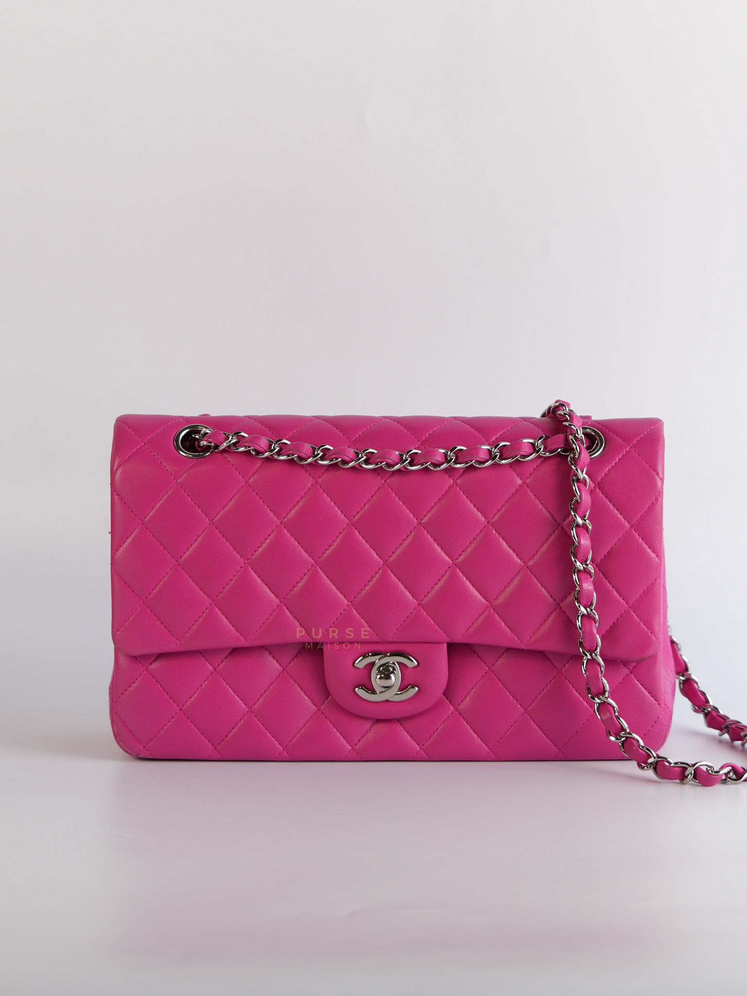 Classic Double Flap Medium in Hot Pink Lambskin Leather Silver Hardware Series 19 | Purse Maison Luxury Bags Shop