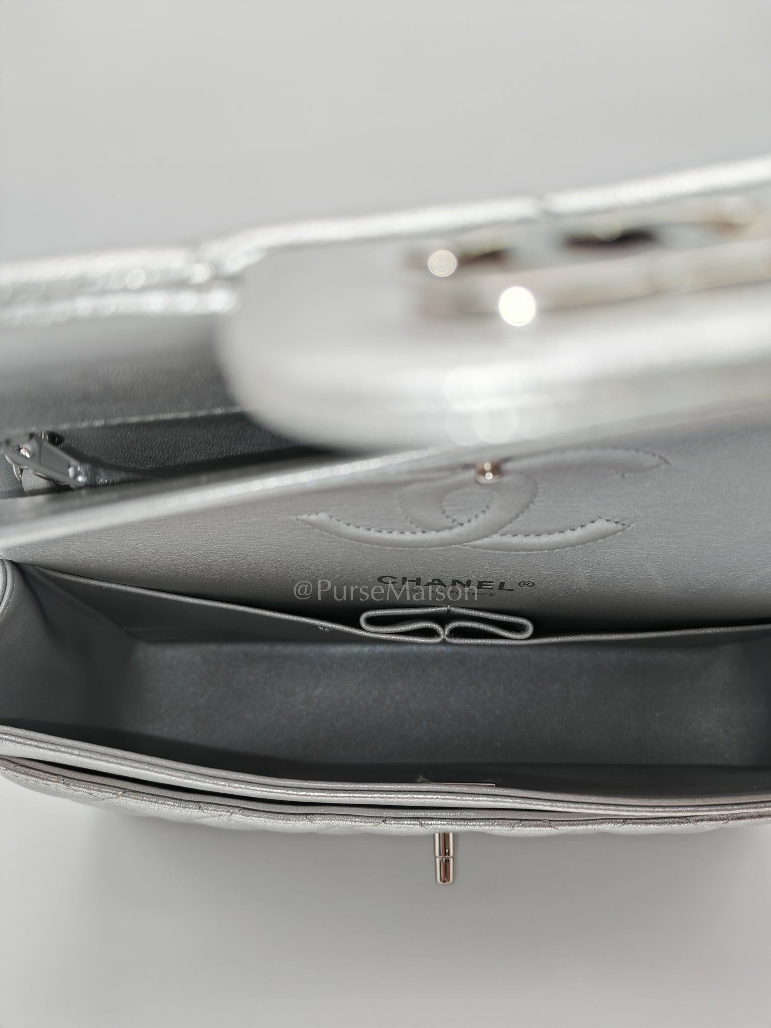 Classic Double Flap Medium in Metallic Silver and Silver Hardware (Microchip) | Purse Maison Luxury Bags Shop