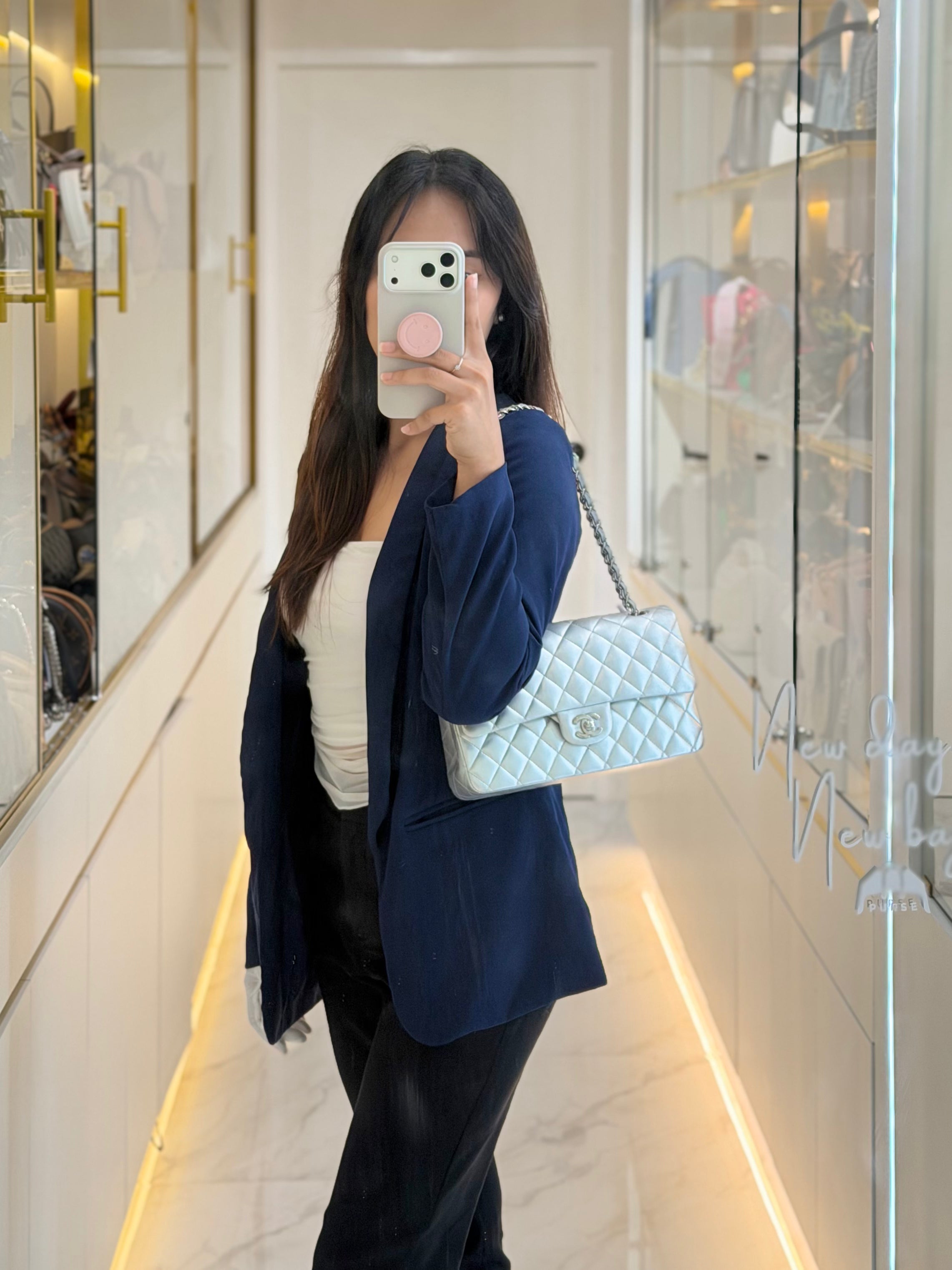 Classic Double Flap Medium in Metallic Silver and Silver Hardware (Microchip) | Purse Maison Luxury Bags Shop