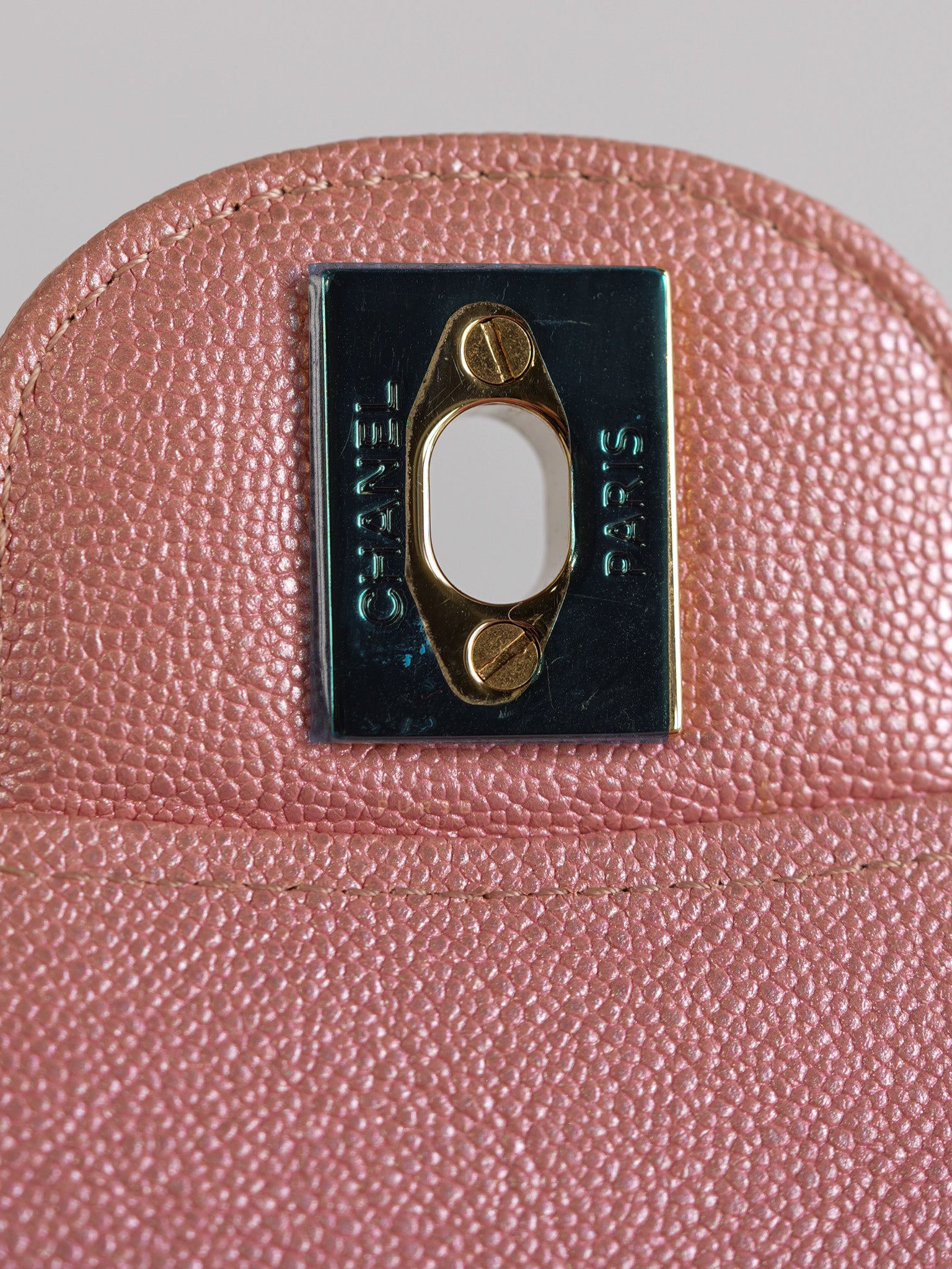 Classic Double Flap Medium Iridescent Pink Caviar Leather Light Gold Hardware Series 28 | Purse Maison Luxury Bags Shop