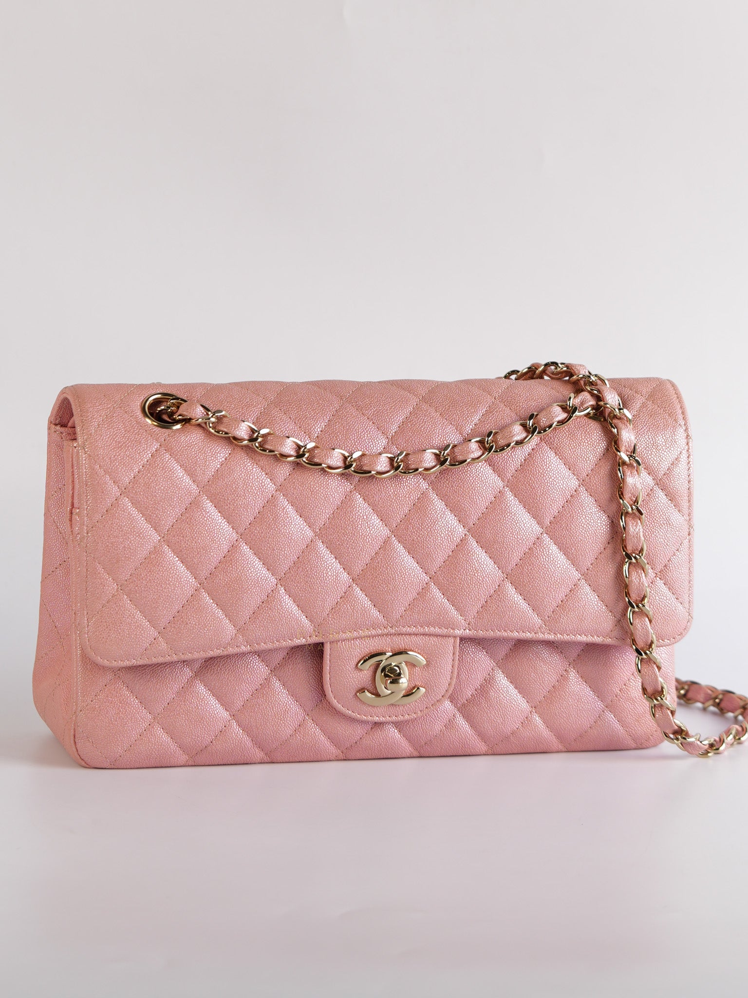 Classic Double Flap Medium Iridescent Pink Caviar Leather Light Gold Hardware Series 28 | Purse Maison Luxury Bags Shop