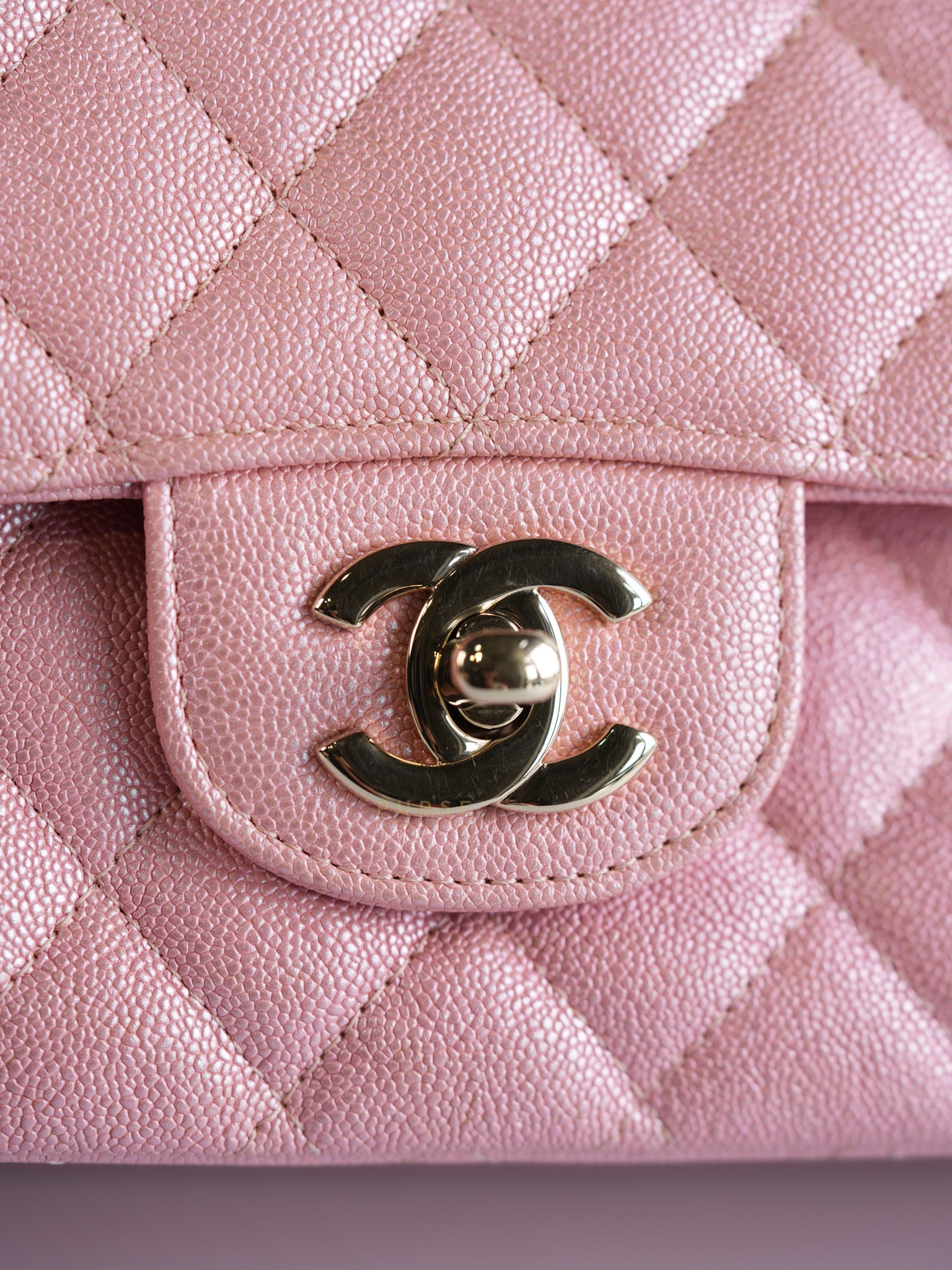 Classic Double Flap Medium Iridescent Pink Caviar Leather Light Gold Hardware Series 28 | Purse Maison Luxury Bags Shop