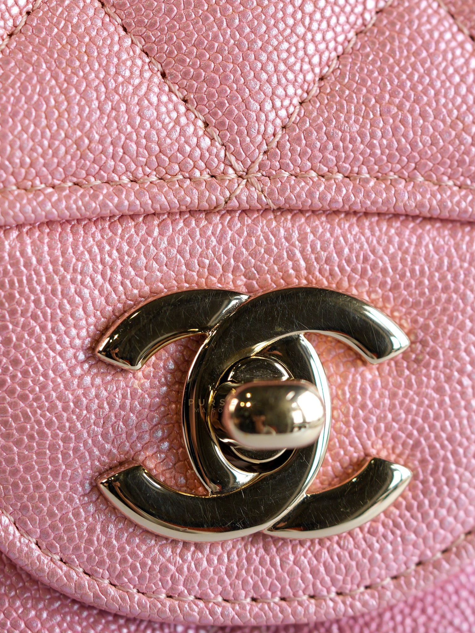 Classic Double Flap Medium Iridescent Pink Caviar Leather Light Gold Hardware Series 28 | Purse Maison Luxury Bags Shop