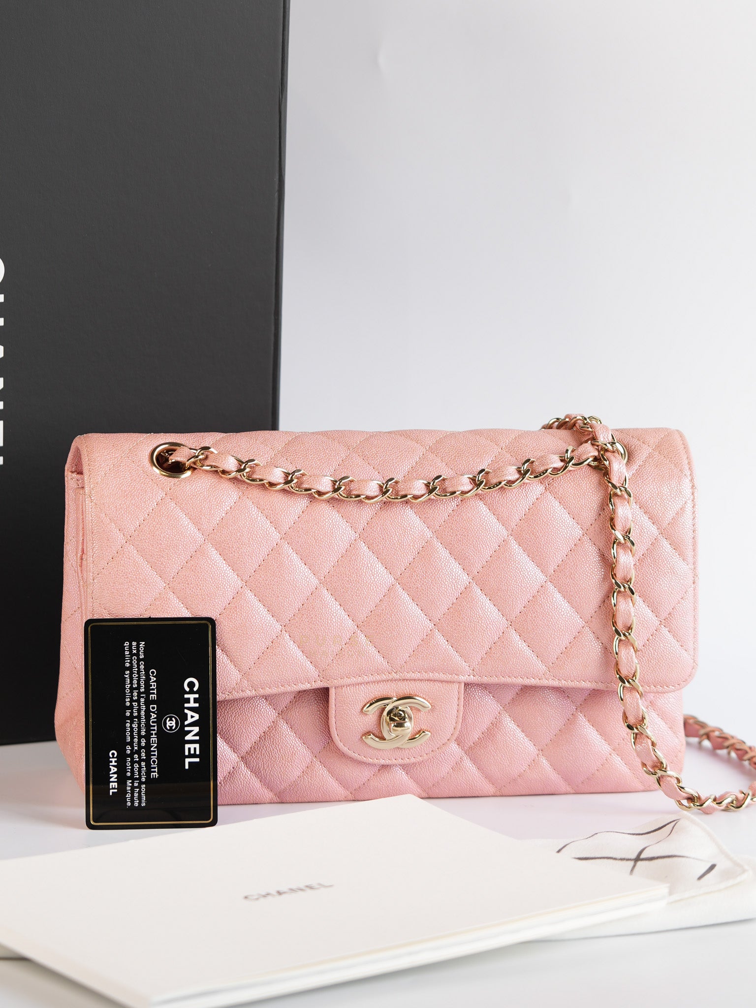 Classic Double Flap Medium Iridescent Pink Caviar Leather Light Gold Hardware Series 28 | Purse Maison Luxury Bags Shop