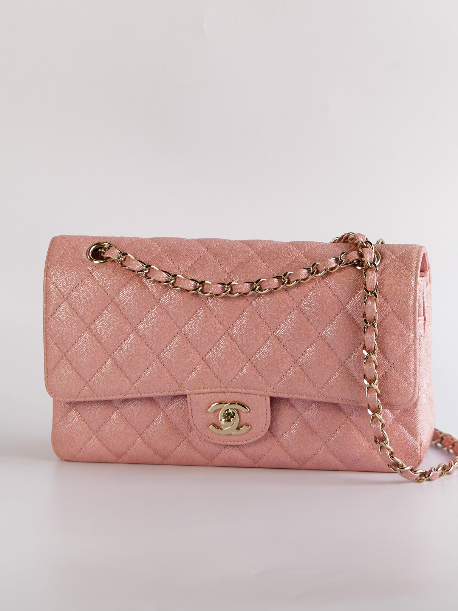 Classic Double Flap Medium Iridescent Pink Caviar Leather Light Gold Hardware Series 28 | Purse Maison Luxury Bags Shop