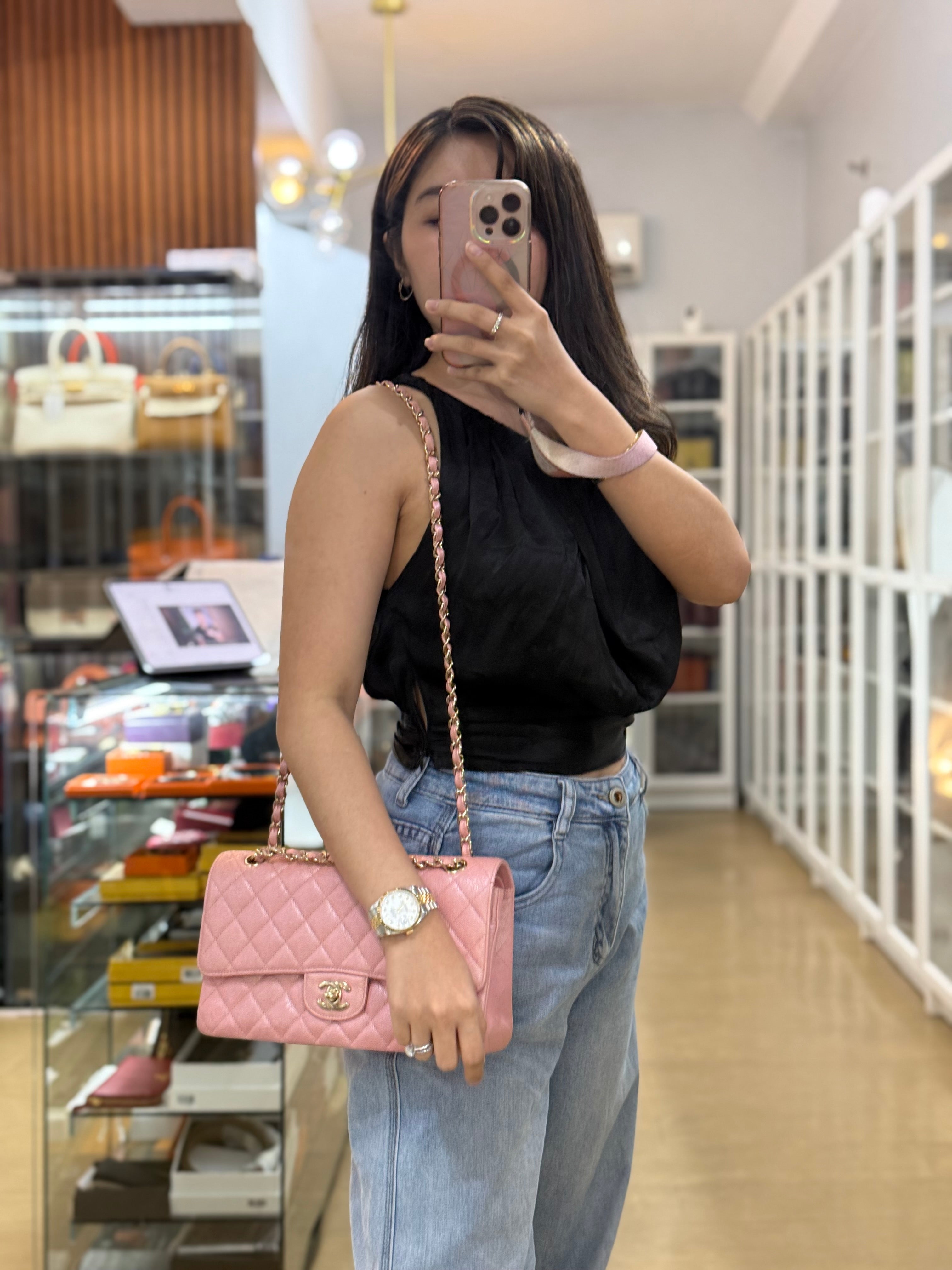 Classic Double Flap Medium Iridescent Pink Caviar Leather Light Gold Hardware Series 28 | Purse Maison Luxury Bags Shop