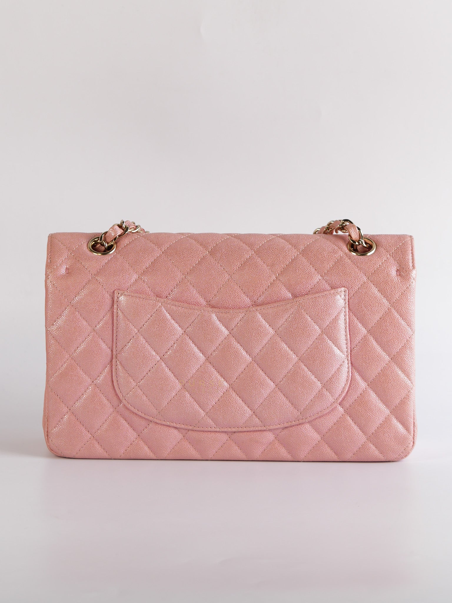 Classic Double Flap Medium Iridescent Pink Caviar Leather Light Gold Hardware Series 28 | Purse Maison Luxury Bags Shop