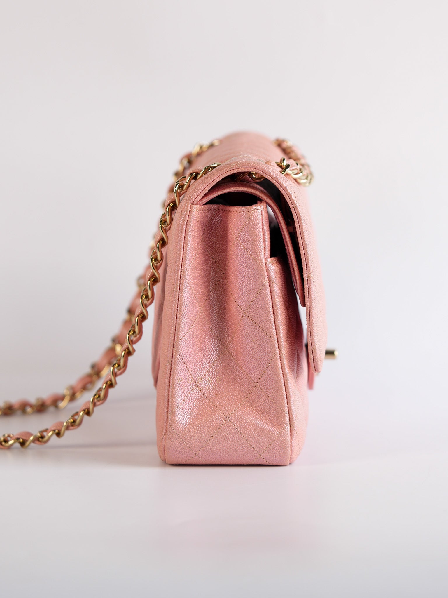 Classic Double Flap Medium Iridescent Pink Caviar Leather Light Gold Hardware Series 28 | Purse Maison Luxury Bags Shop