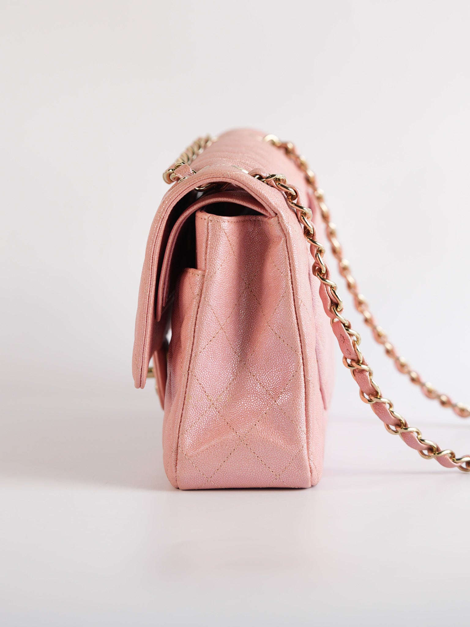 Classic Double Flap Medium Iridescent Pink Caviar Leather Light Gold Hardware Series 28 | Purse Maison Luxury Bags Shop