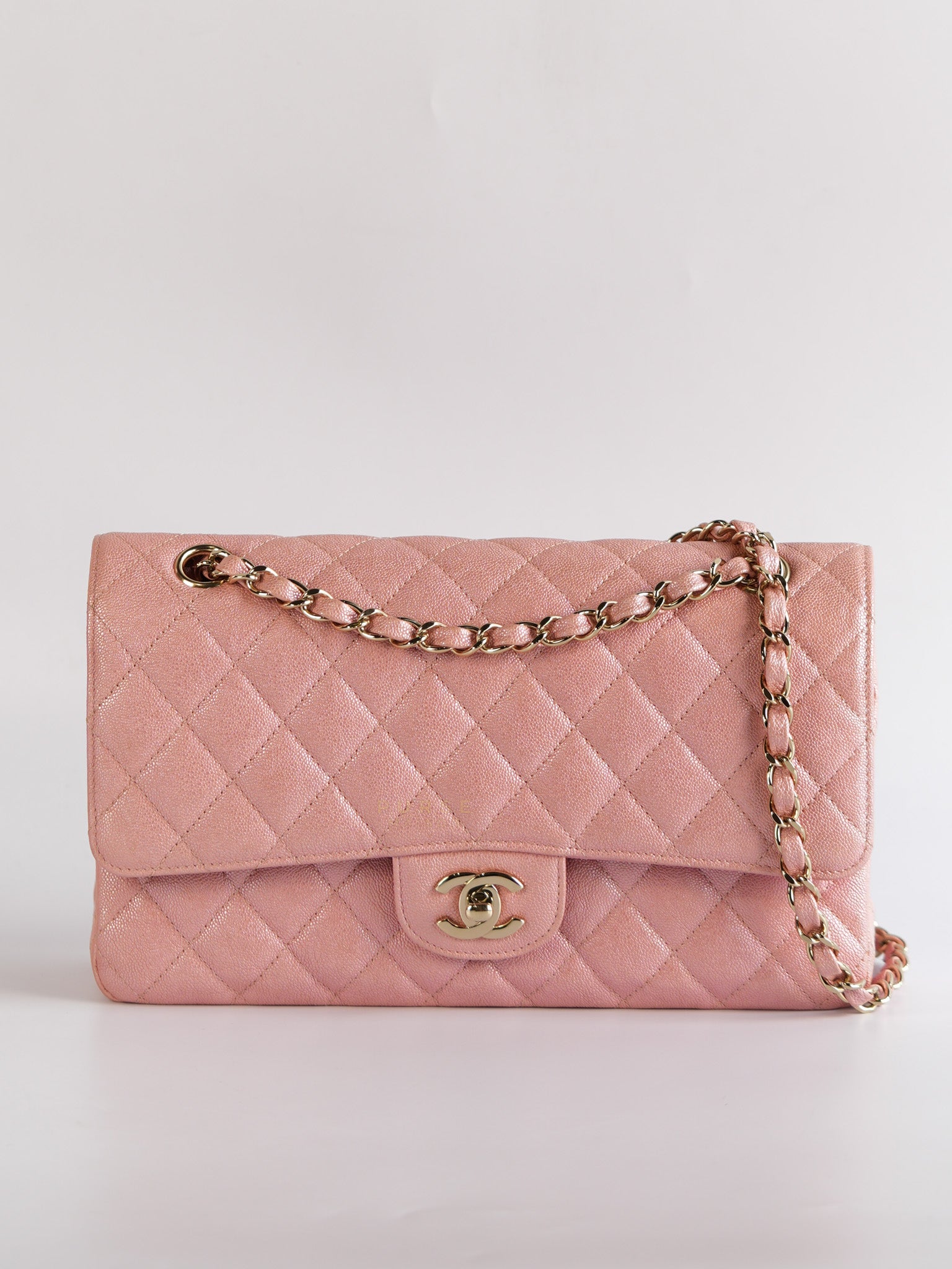 Classic Double Flap Medium Iridescent Pink Caviar Leather Light Gold Hardware Series 28 | Purse Maison Luxury Bags Shop