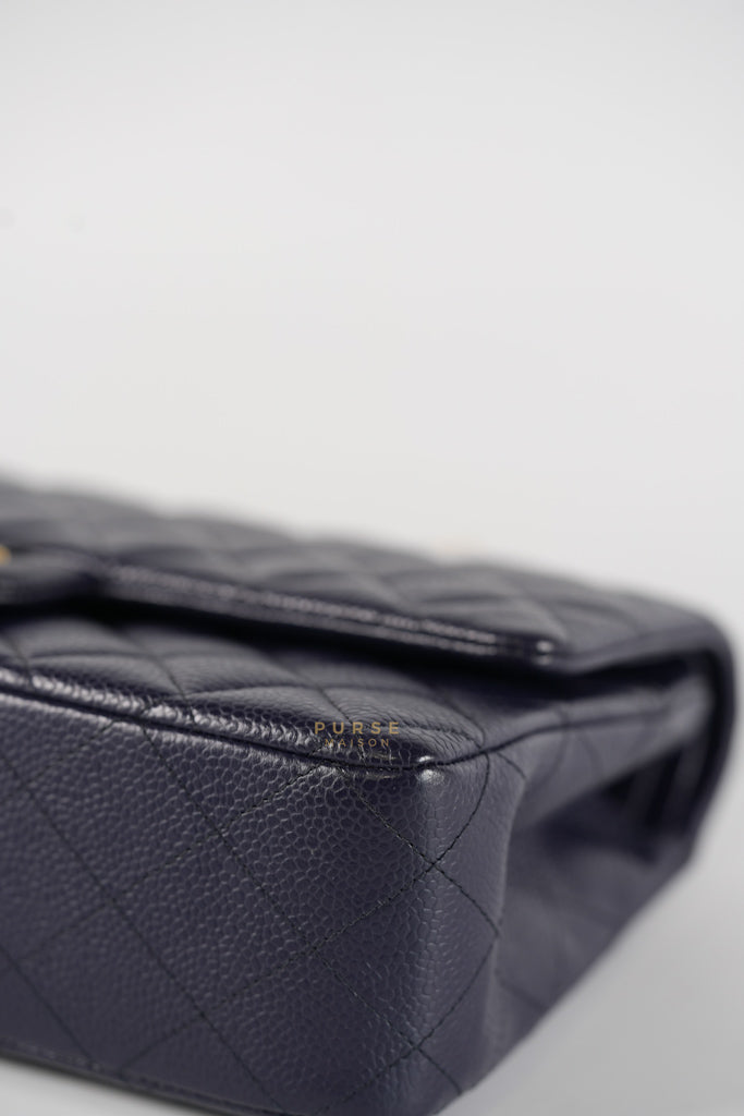 Classic Double Flap Medium Navy Blue Quilted Caviar Leather in Aged Gold Hardware Series 21 | Purse Maison Luxury Bags Shop
