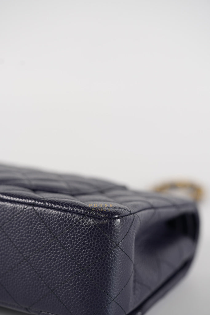 Classic Double Flap Medium Navy Blue Quilted Caviar Leather in Aged Gold Hardware Series 21 | Purse Maison Luxury Bags Shop