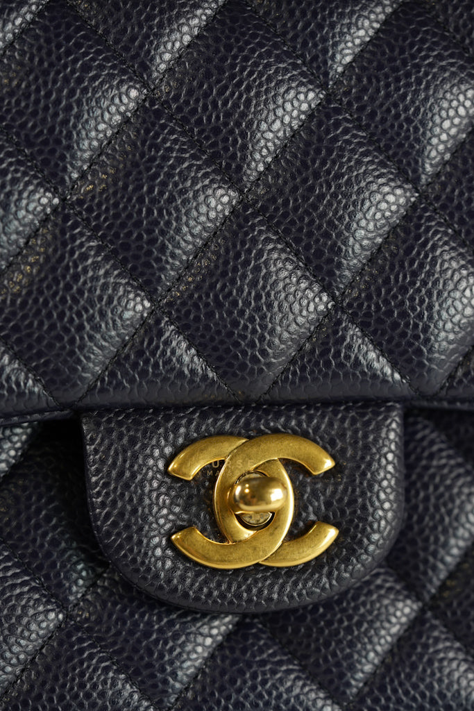Classic Double Flap Medium Navy Blue Quilted Caviar Leather in Aged Gold Hardware Series 21 | Purse Maison Luxury Bags Shop