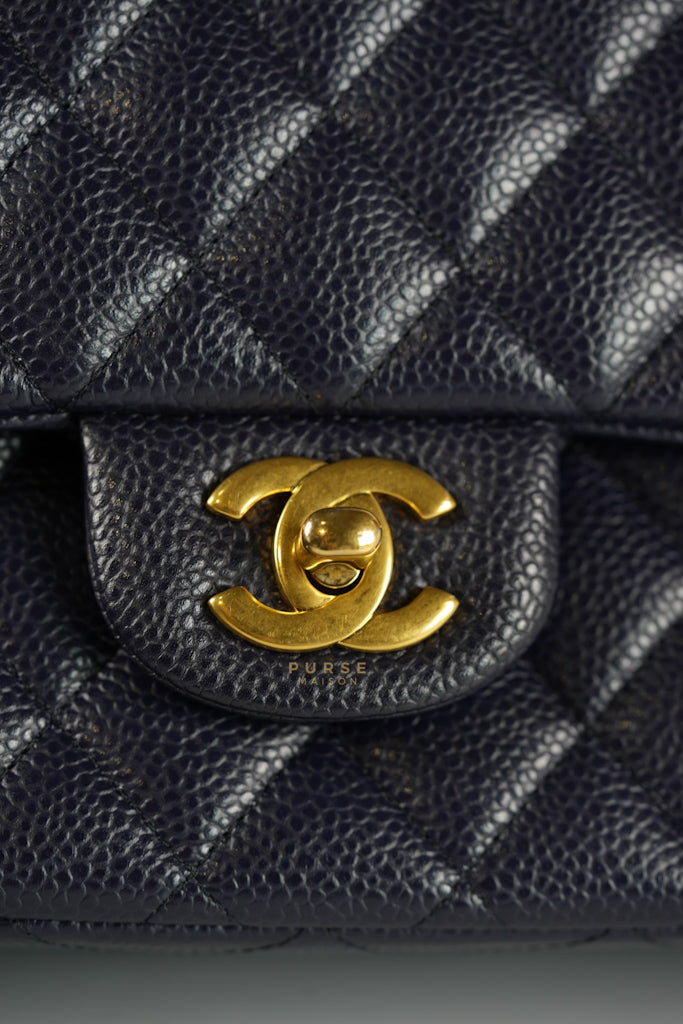 Classic Double Flap Medium Navy Blue Quilted Caviar Leather in Aged Gold Hardware Series 21 | Purse Maison Luxury Bags Shop