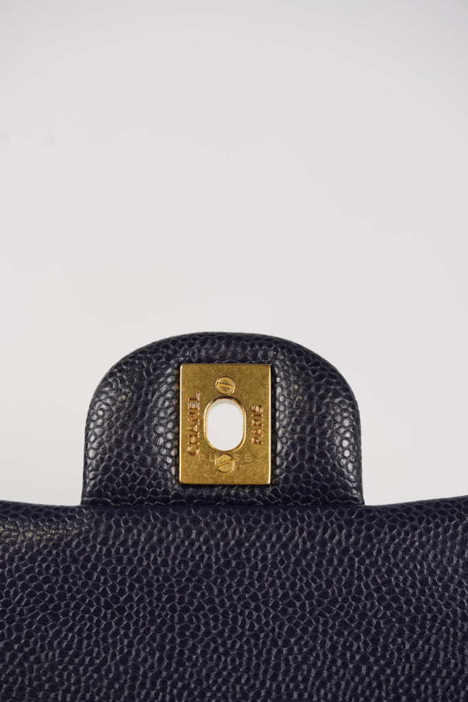Classic Double Flap Medium Navy Blue Quilted Caviar Leather in Aged Gold Hardware Series 21 | Purse Maison Luxury Bags Shop