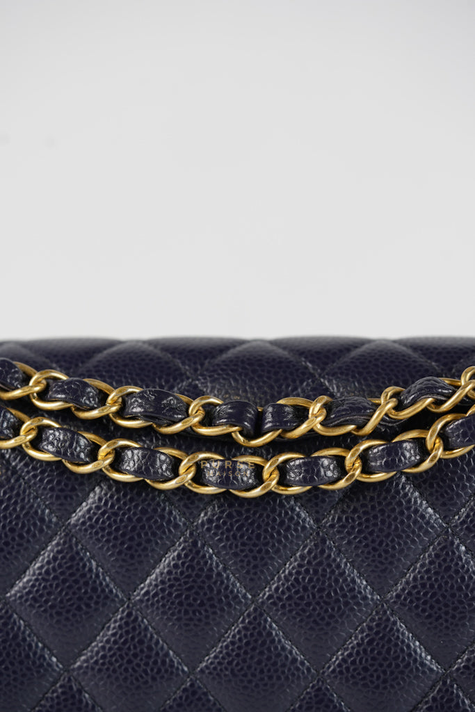 Classic Double Flap Medium Navy Blue Quilted Caviar Leather in Aged Gold Hardware Series 21 | Purse Maison Luxury Bags Shop