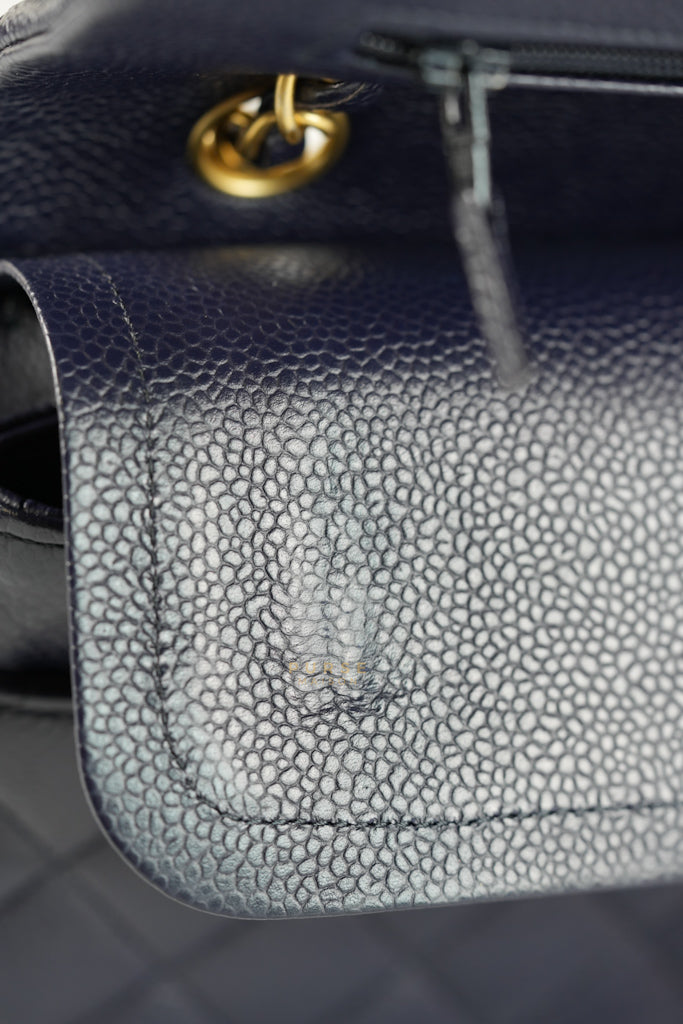 Classic Double Flap Medium Navy Blue Quilted Caviar Leather in Aged Gold Hardware Series 21 | Purse Maison Luxury Bags Shop