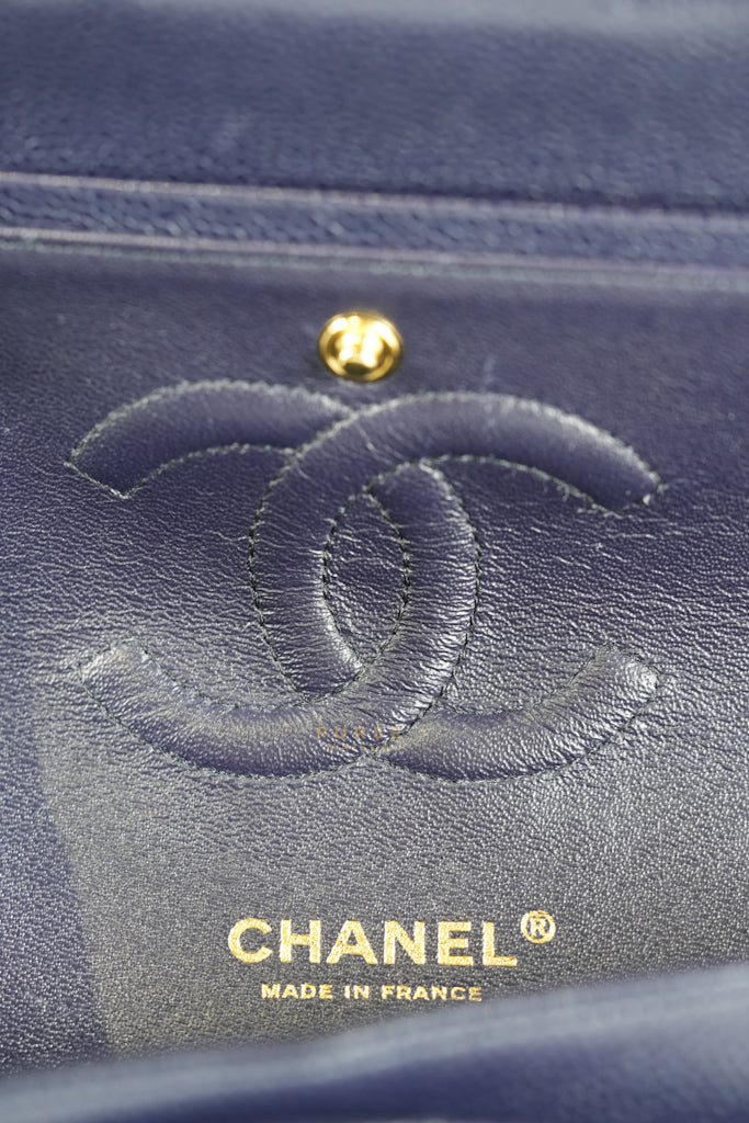 Classic Double Flap Medium Navy Blue Quilted Caviar Leather in Aged Gold Hardware Series 21 | Purse Maison Luxury Bags Shop