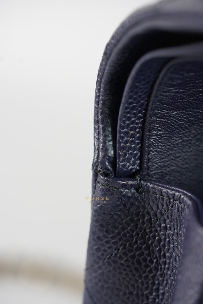 Classic Double Flap Medium Navy Blue Quilted Caviar Leather in Aged Gold Hardware Series 21 | Purse Maison Luxury Bags Shop