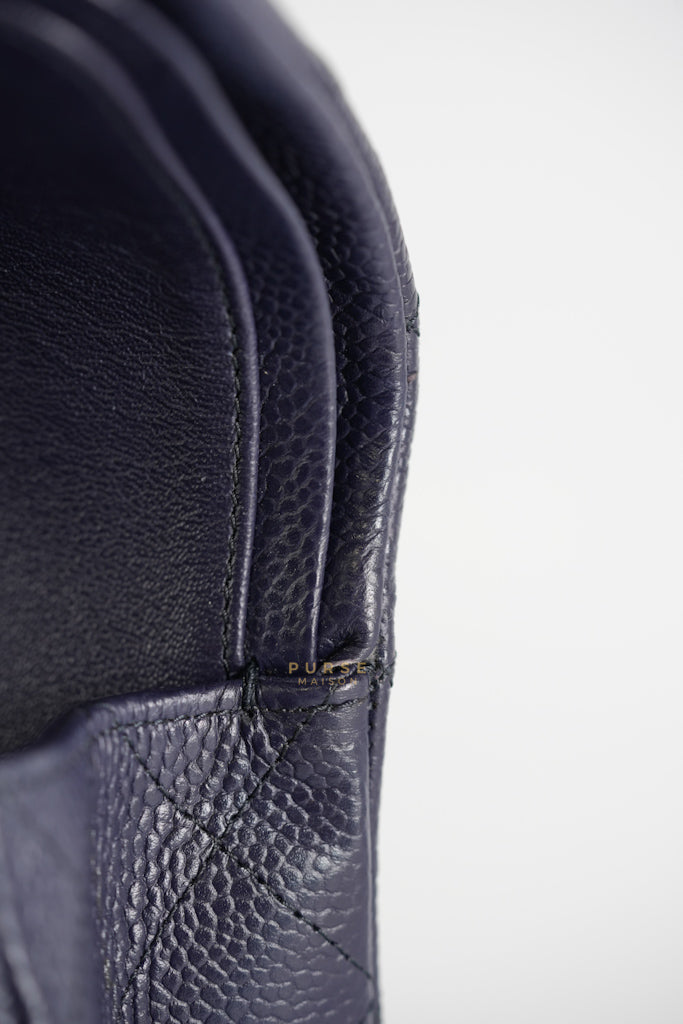 Classic Double Flap Medium Navy Blue Quilted Caviar Leather in Aged Gold Hardware Series 21 | Purse Maison Luxury Bags Shop