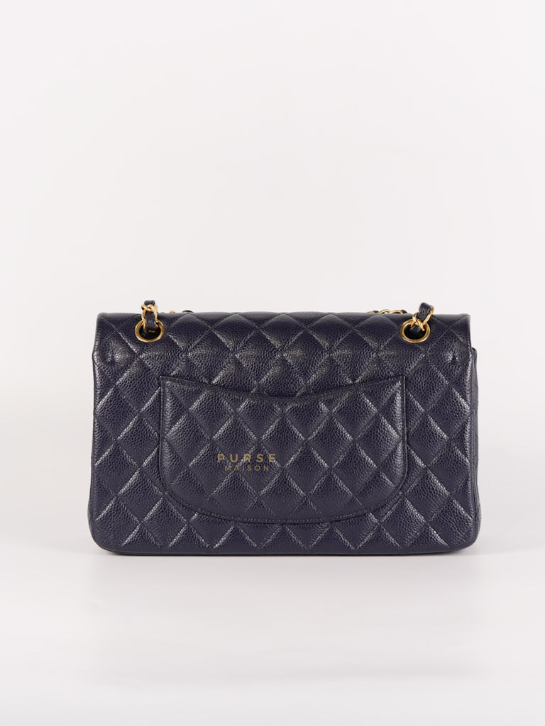 Classic Double Flap Medium Navy Blue Quilted Caviar Leather in Aged Gold Hardware Series 21 | Purse Maison Luxury Bags Shop