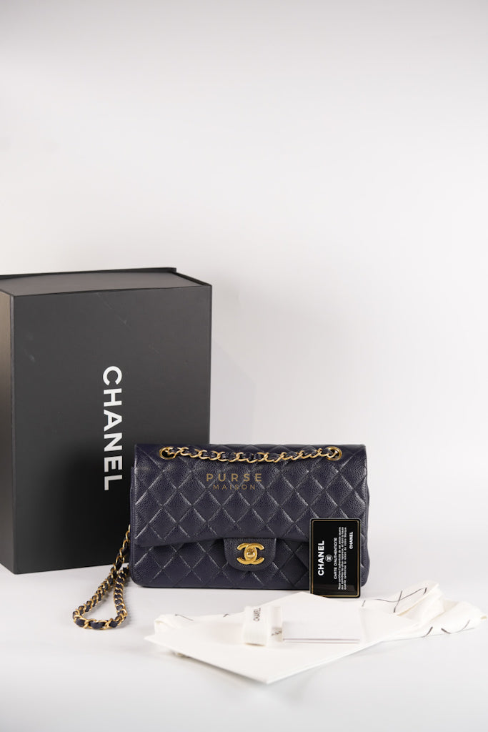 Classic Double Flap Medium Navy Blue Quilted Caviar Leather in Aged Gold Hardware Series 21 | Purse Maison Luxury Bags Shop