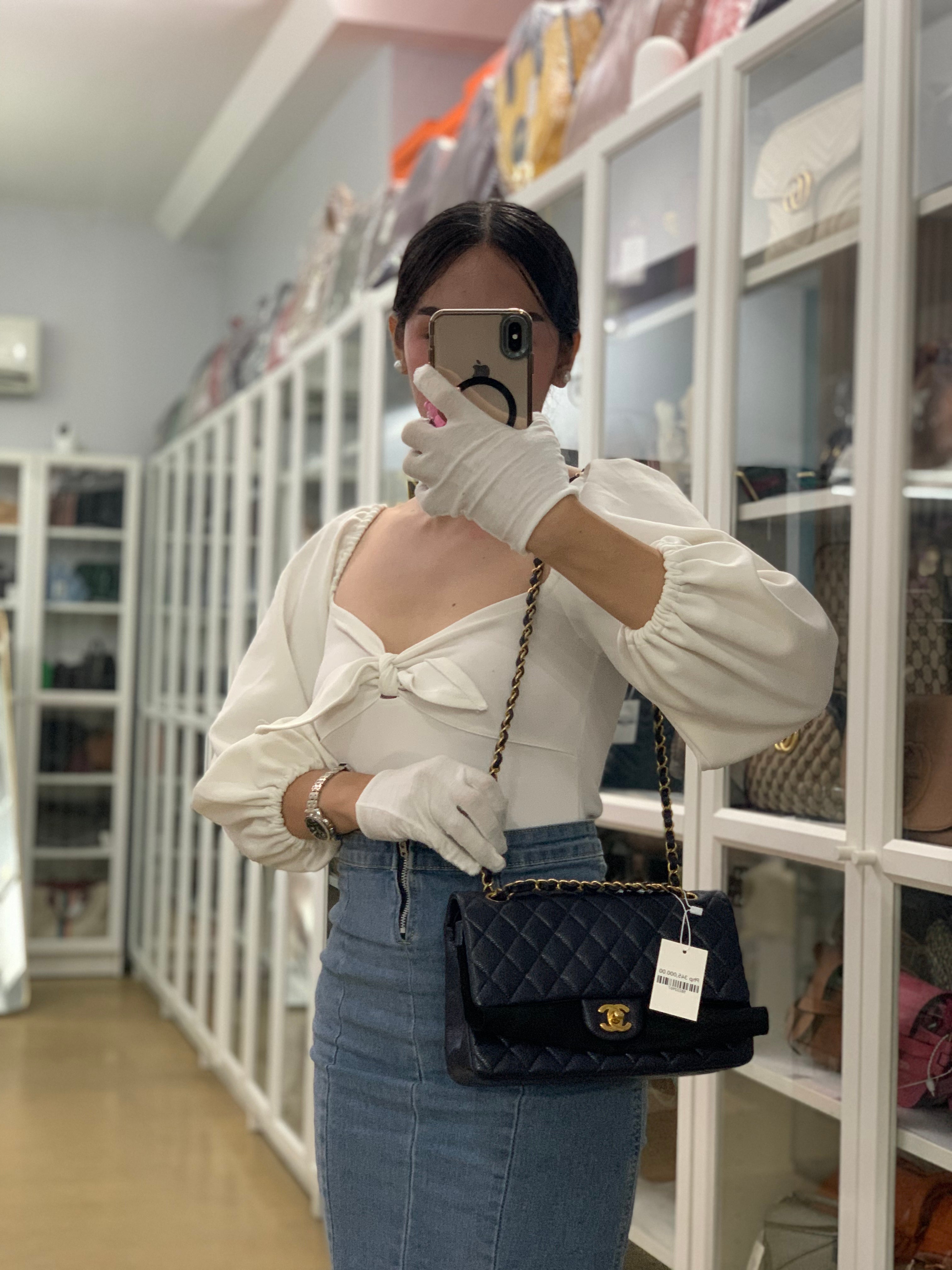 Classic Double Flap Medium Navy Blue Quilted Caviar Leather in Aged Gold Hardware Series 21 | Purse Maison Luxury Bags Shop