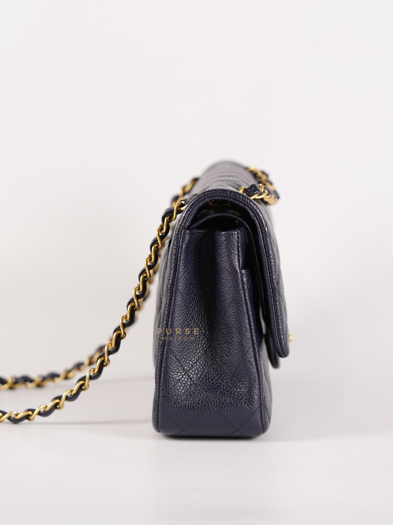 Classic Double Flap Medium Navy Blue Quilted Caviar Leather in Aged Gold Hardware Series 21 | Purse Maison Luxury Bags Shop
