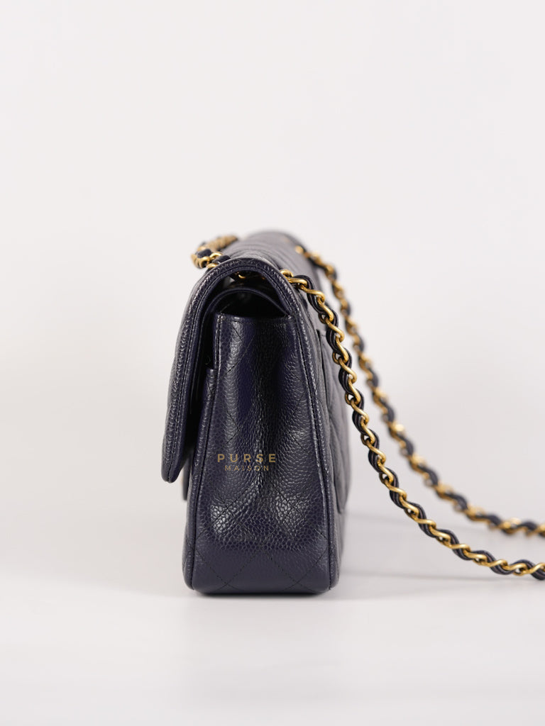 Classic Double Flap Medium Navy Blue Quilted Caviar Leather in Aged Gold Hardware Series 21 | Purse Maison Luxury Bags Shop