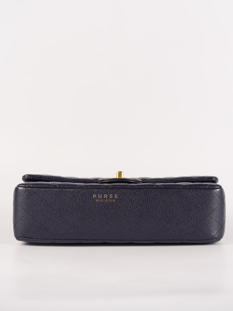 Classic Double Flap Medium Navy Blue Quilted Caviar Leather in Aged Gold Hardware Series 21 | Purse Maison Luxury Bags Shop