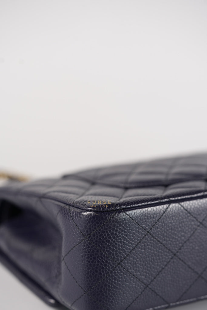 Classic Double Flap Medium Navy Blue Quilted Caviar Leather in Aged Gold Hardware Series 21 | Purse Maison Luxury Bags Shop