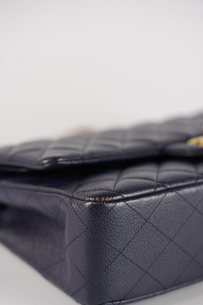 Classic Double Flap Medium Navy Blue Quilted Caviar Leather in Aged Gold Hardware Series 21 | Purse Maison Luxury Bags Shop