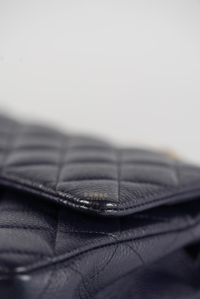 Classic Double Flap Medium Navy Blue Quilted Caviar Leather in Aged Gold Hardware Series 21 | Purse Maison Luxury Bags Shop
