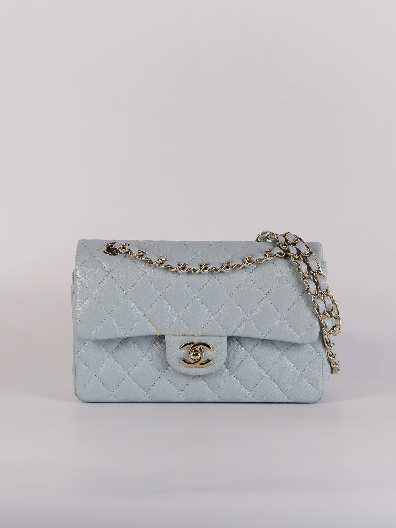 Classic Double Flap Small Baby Blue Caviar Leather in Silver Hardware (Microchip) | Purse Maison Luxury Bags Shop