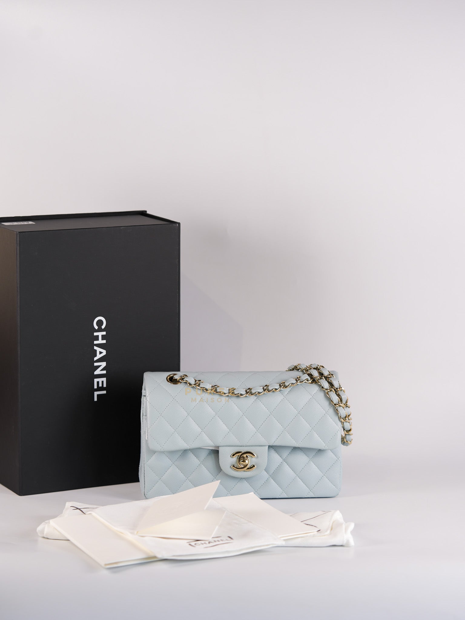 Classic Double Flap Small Baby Blue Caviar Leather in Silver Hardware (Microchip) | Purse Maison Luxury Bags Shop