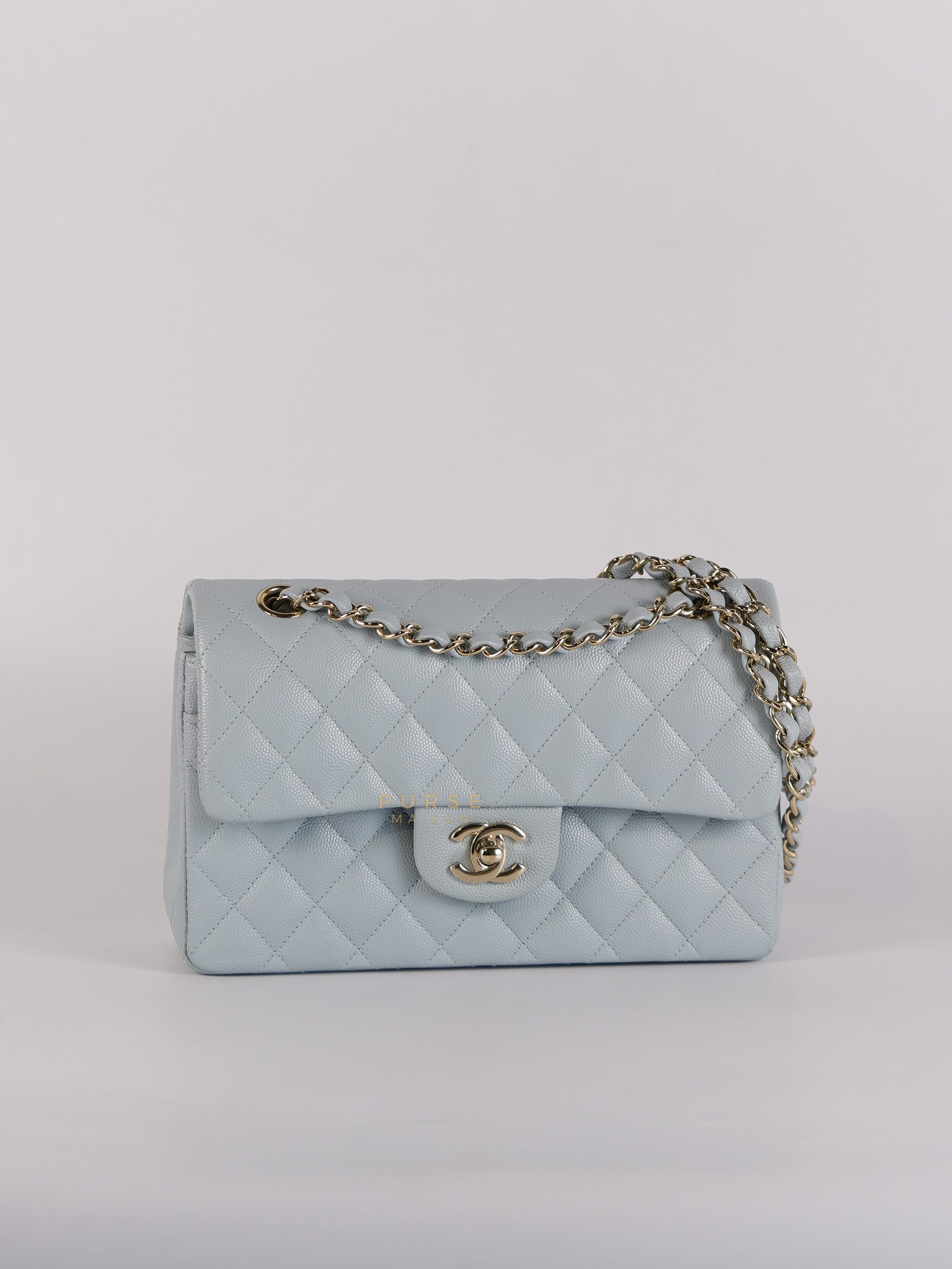 Classic Double Flap Small Baby Blue Caviar Leather in Silver Hardware (Microchip) | Purse Maison Luxury Bags Shop