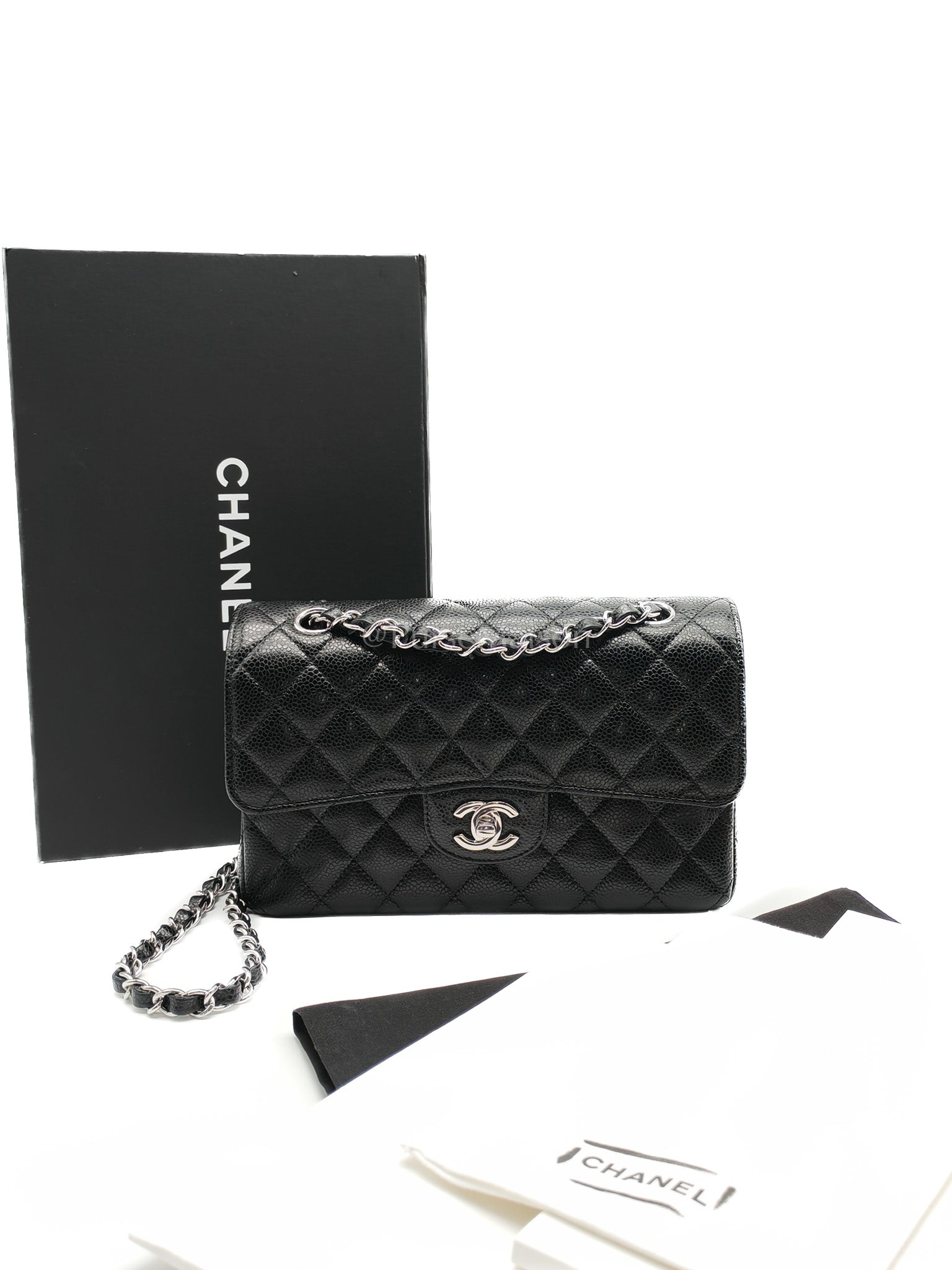 Classic Double Flap Small Black Caviar in Silver Hardware (Microchip) | Purse Maison Luxury Bags Shop