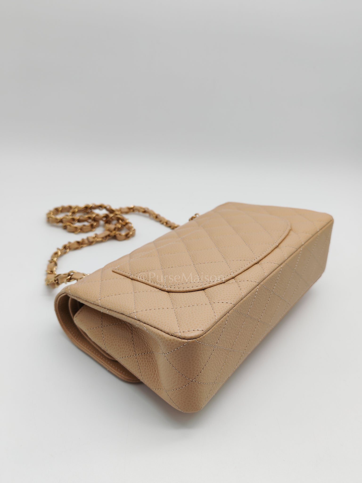 Classic Double Flap Small in Beige Clair Caviar Leather and Gold Hardware (Microchip) | Purse Maison Luxury Bags Shop