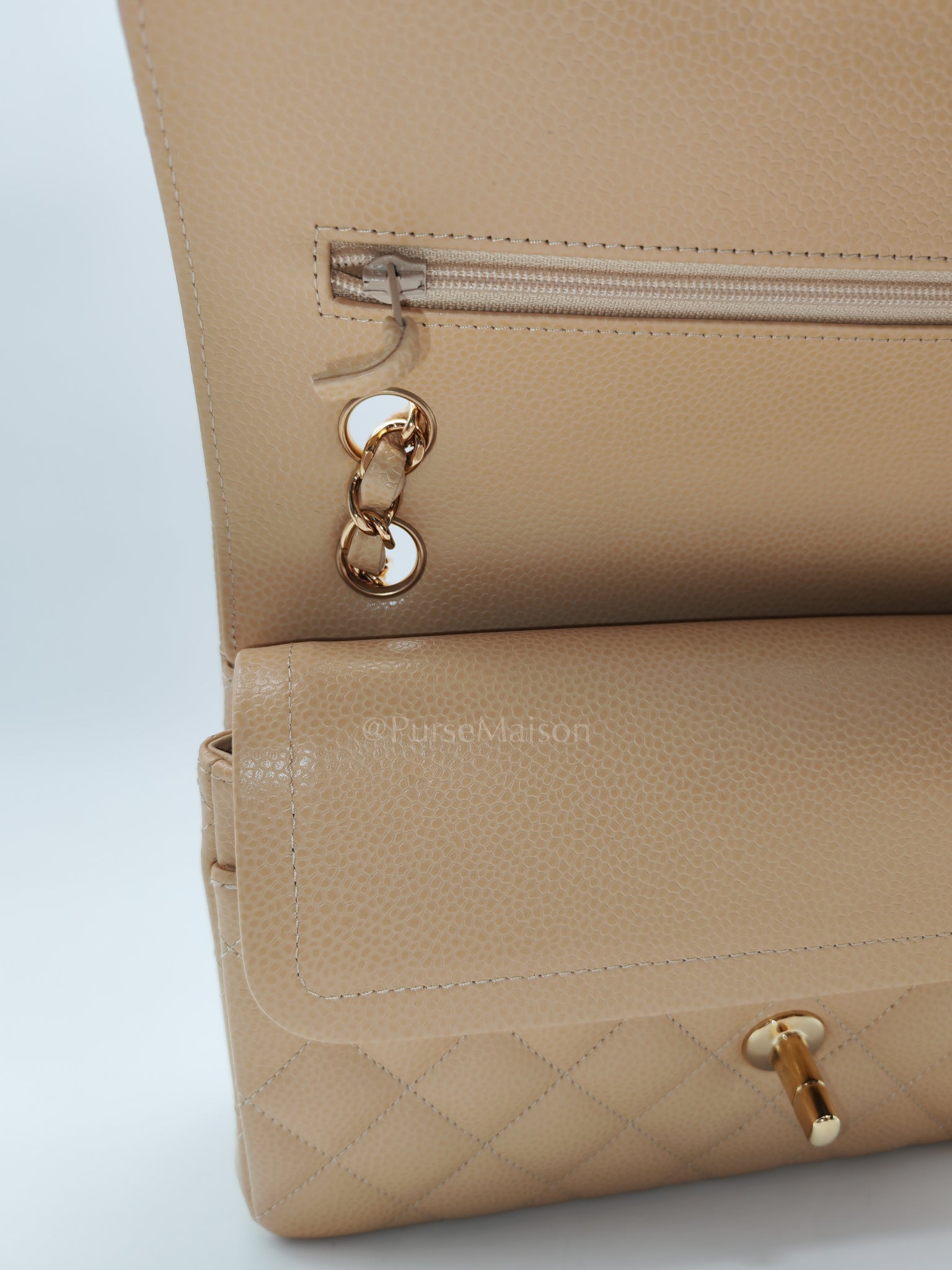 Classic Double Flap Small in Beige Clair Caviar Leather and Gold Hardware (Microchip) | Purse Maison Luxury Bags Shop