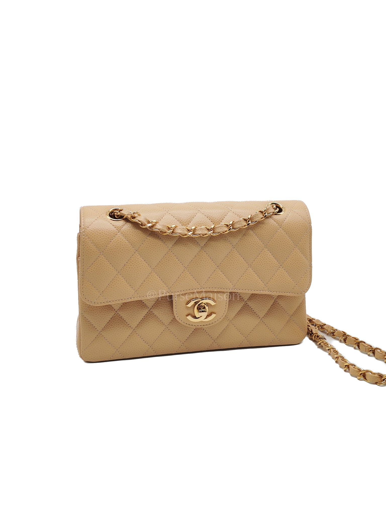 Classic Double Flap Small in Beige Clair Caviar Leather and Gold Hardware (Microchip) | Purse Maison Luxury Bags Shop