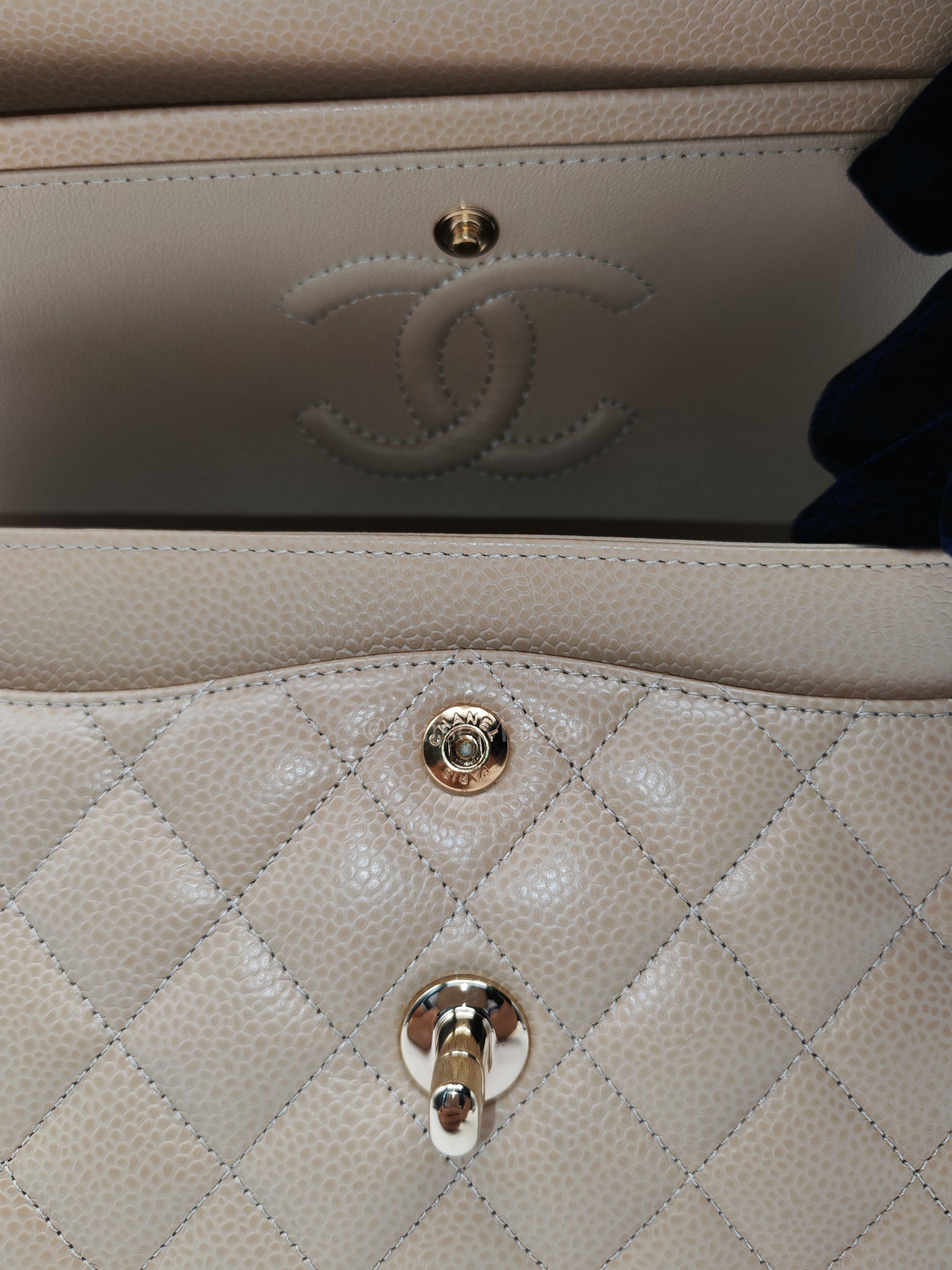 Classic Double Flap Small in Beige Clair Caviar Leather and Gold Hardware (Microchip) | Purse Maison Luxury Bags Shop