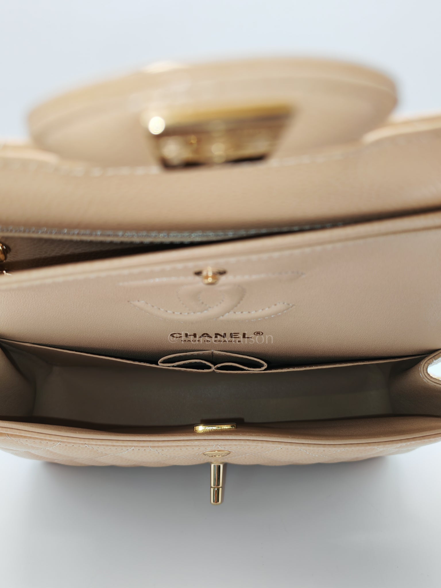 Classic Double Flap Small in Beige Clair Caviar Leather and Gold Hardware (Microchip) | Purse Maison Luxury Bags Shop