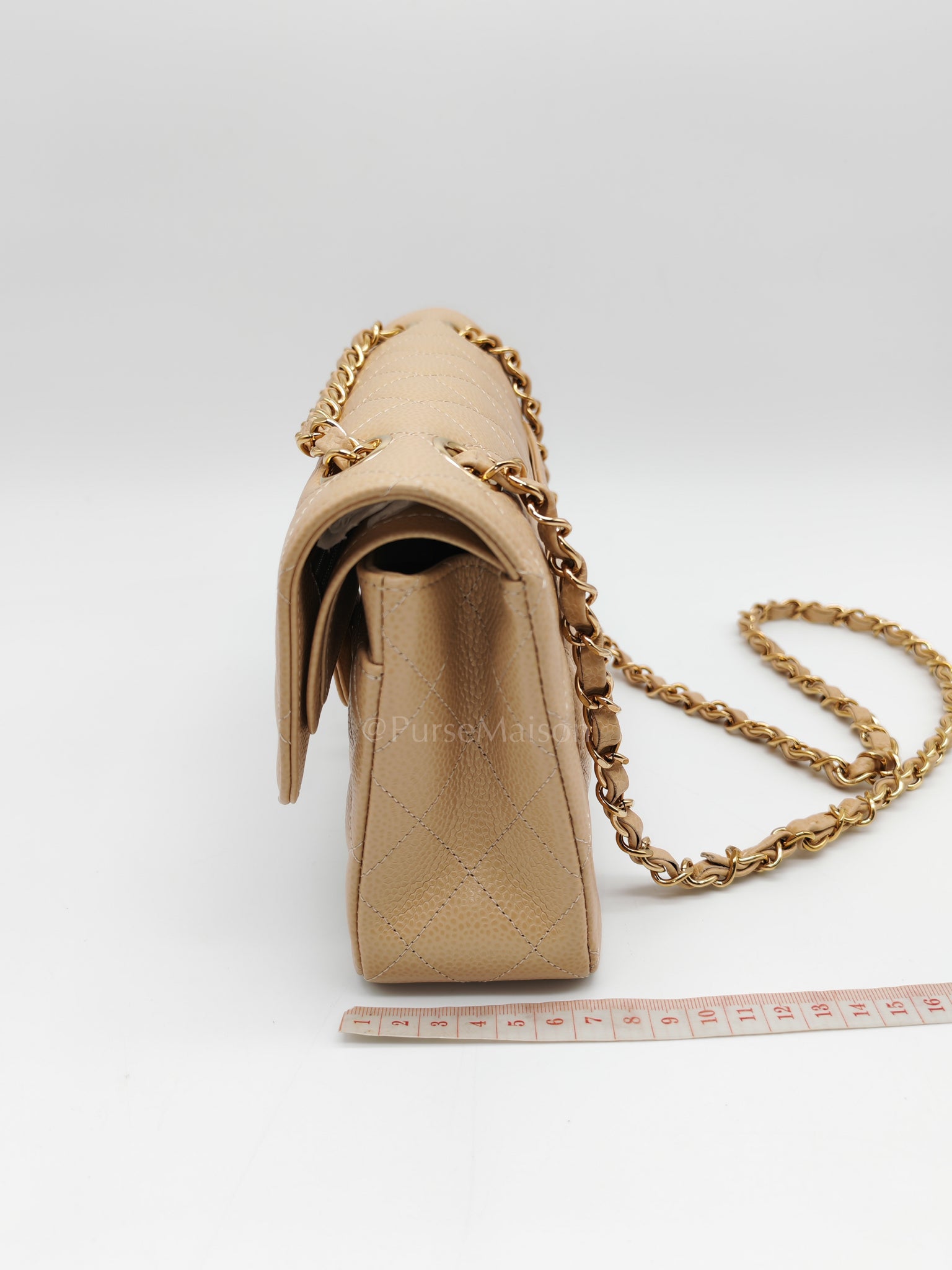 Classic Double Flap Small in Beige Clair Caviar Leather and Gold Hardware (Microchip) | Purse Maison Luxury Bags Shop