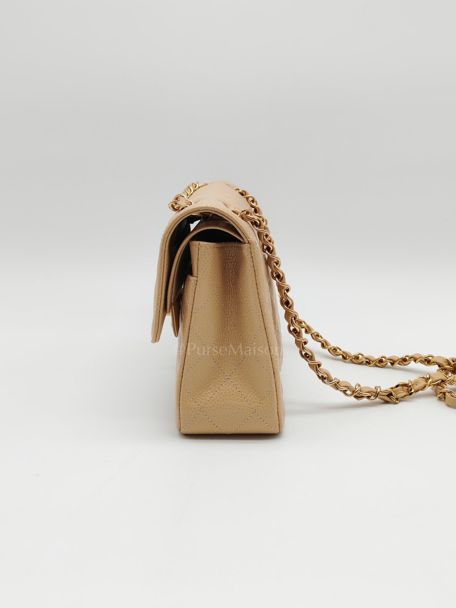 Classic Double Flap Small in Beige Clair Caviar Leather and Gold Hardware (Microchip) | Purse Maison Luxury Bags Shop