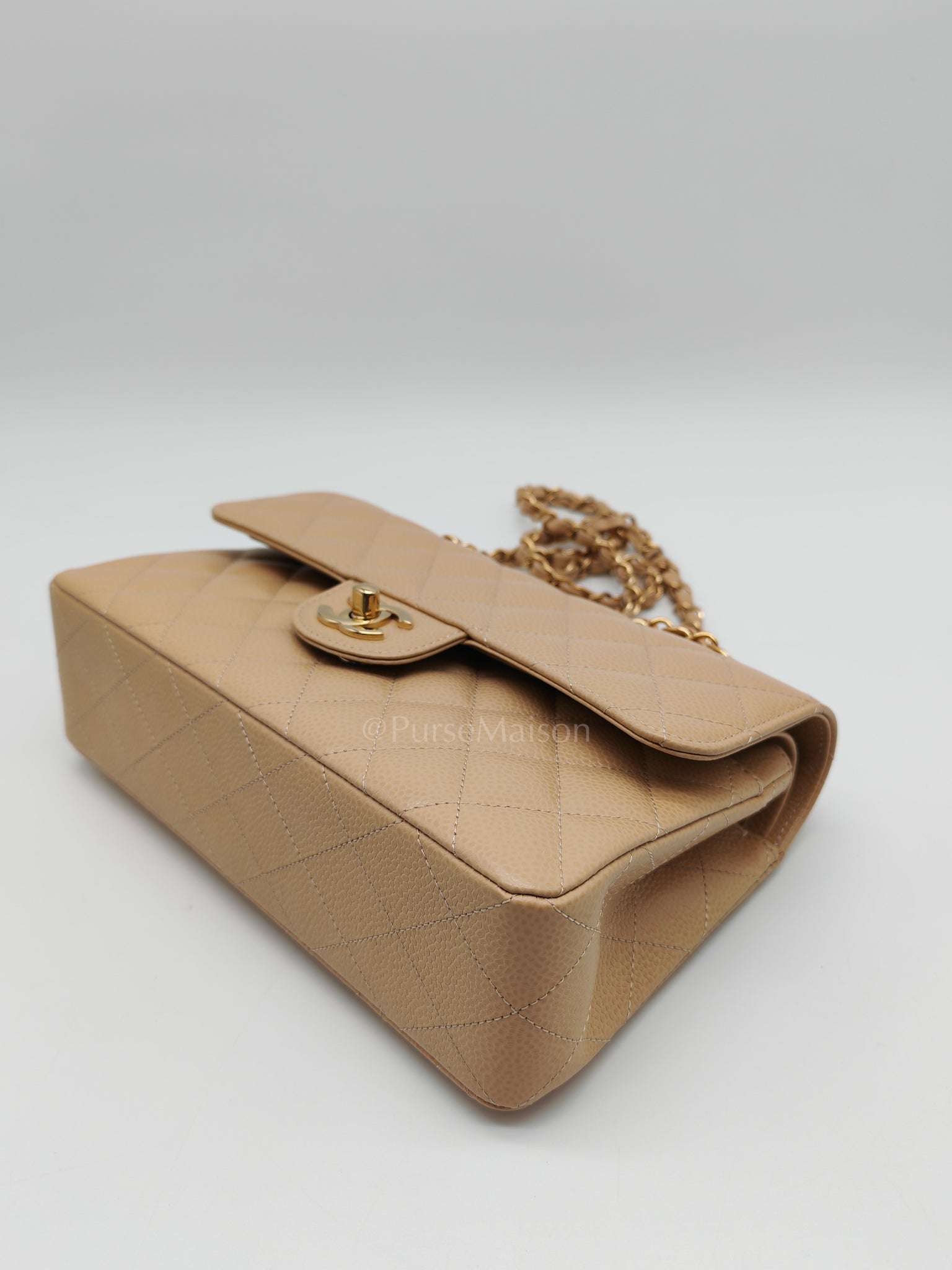 Classic Double Flap Small in Beige Clair Caviar Leather and Gold Hardware (Microchip) | Purse Maison Luxury Bags Shop