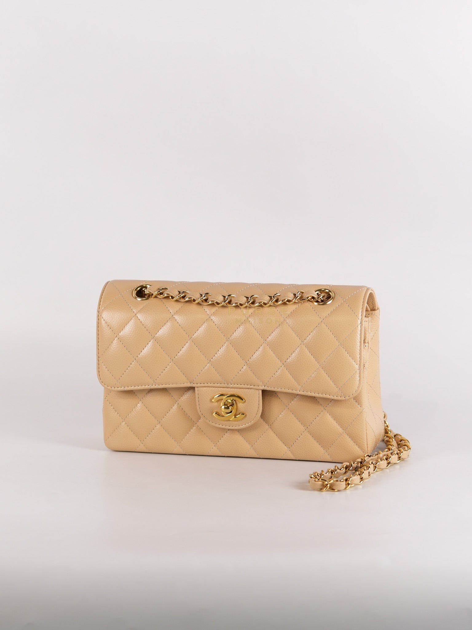Classic Double Flap Small in Beige Clair Quilted Caviar Leather and Gold Hardware (Microchip) | Purse Maison Luxury Bags Shop