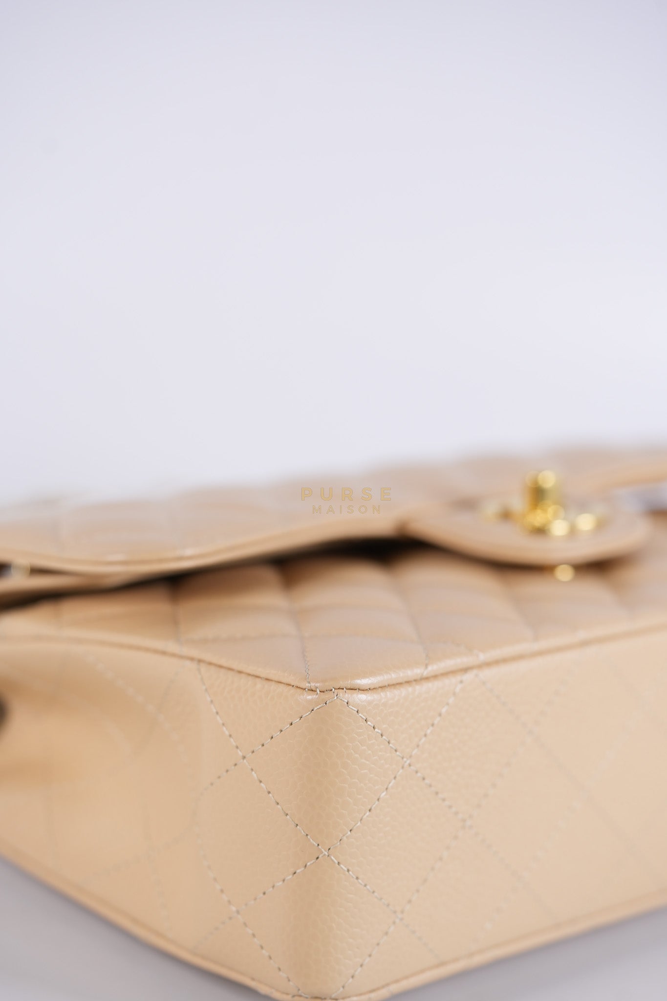 Classic Double Flap Small in Beige Clair Quilted Caviar Leather and Gold Hardware (Microchip) | Purse Maison Luxury Bags Shop