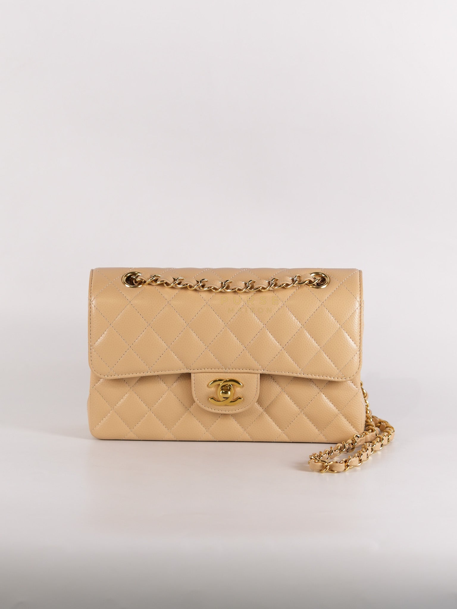Classic Double Flap Small in Beige Clair Quilted Caviar Leather and Gold Hardware (Microchip) | Purse Maison Luxury Bags Shop