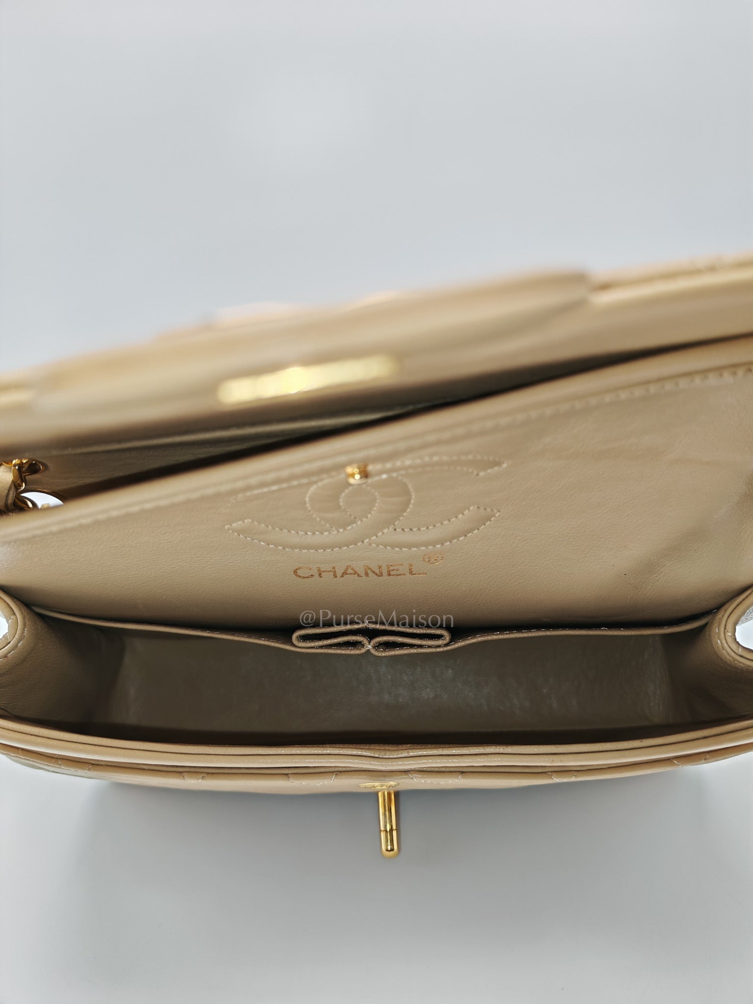 Classic Double Flap Small in Beige Lambskin Leather & Gold Hardware Series 1 | Purse Maison Luxury Bags Shop